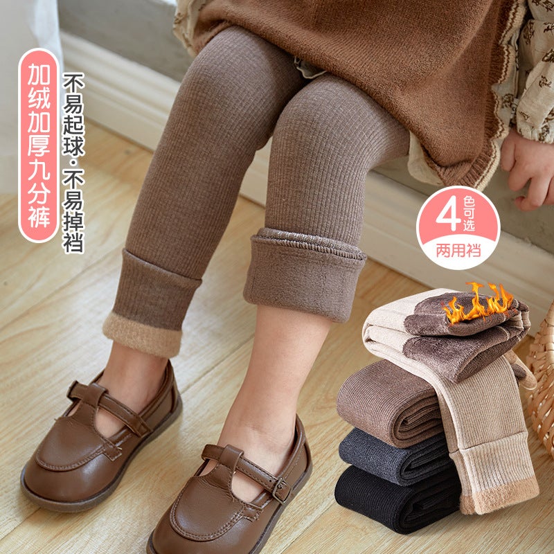 Girls' Leggings Winter Fleece-Lined Thickened Children'S Baby'S Two-Purpose Crotch One-Piece Pants Vertical Striped Cotton Pants Outer Wearing Western Style - Image 4