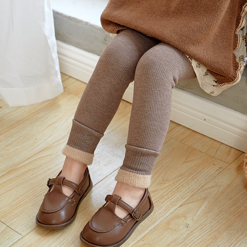 Girls' Leggings Winter Fleece-Lined Thickened Children'S Baby'S Two-Purpose Crotch One-Piece Pants Vertical Striped Cotton Pants Outer Wearing Western Style - Image 1