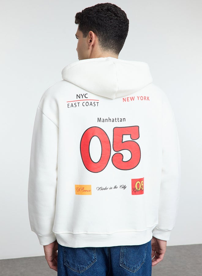 trendyol Ecru Oversize/Wide Cut City Back Printed Hooded Sweatshirt TMNAW25SW00101 - Image 4