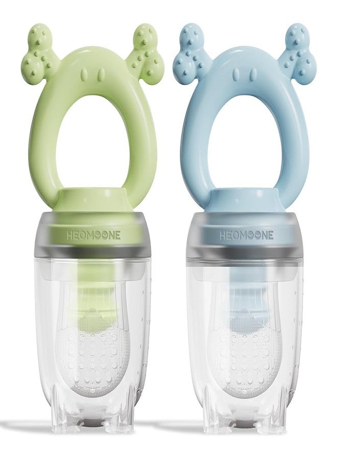 HEOMOONE Silicone Baby Fruit Feeder 2 Pack, Baby Mesh Teethers, Breastmilk Popsicle Molds for Teething Relief, Fresh Food Feeder for Safe Infant Self Feeding (Blue & Green) - Image 1
