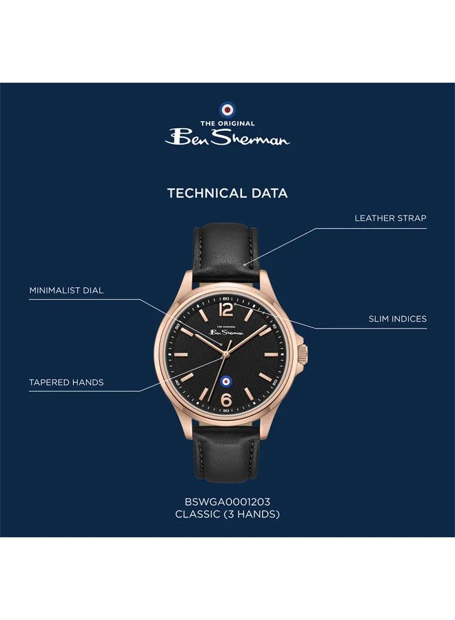 Ben Sherman Black - Rose Gold Case Westminster Black Dial Black Genuine Leather Strap Analog Watch for Men, 43mm for Men | Best Price UAE