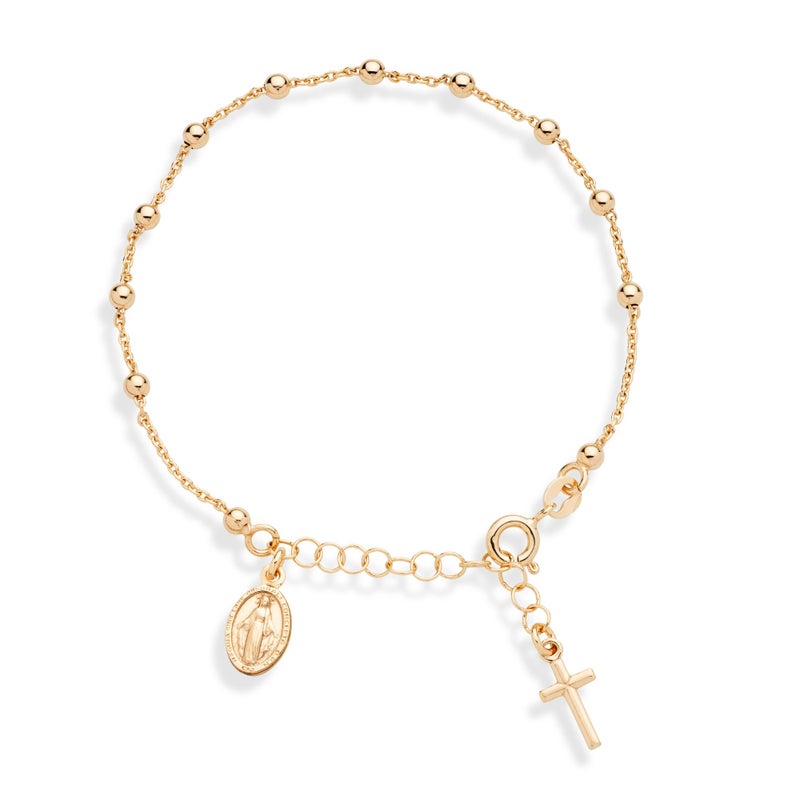 Miabella 18K Gold Plated 925 Sterling Silver Italian Rosary Cross Bead Charm Link Chain Bracelet for Women, Adjustable, Made in Italy (Length 7-8 Inch) - Image 1