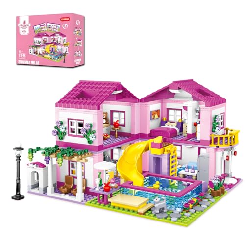 CSNRHG Pink Summer Pool Villa Building Block Set Friends Construction Educational Toy 1018 Pieces Gifts for Girls Teens Kids Adults Ages 6 - Image 1