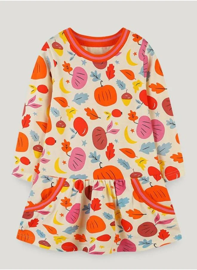 YUNIQEE Beige A-Line Crew Neck Printed Dress