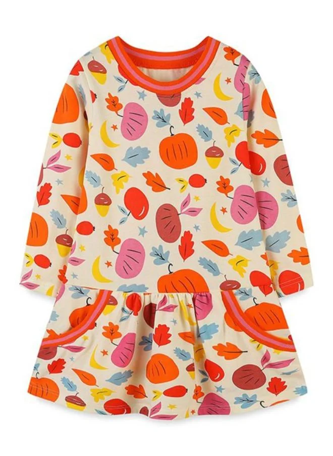 YUNIQEE Beige A-Line Crew Neck Printed Dress