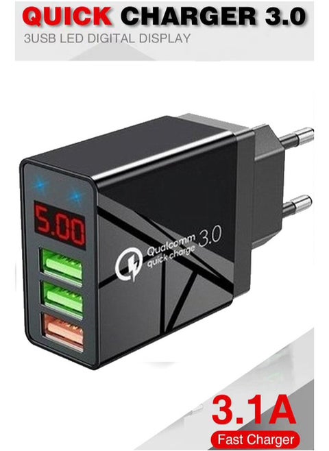 ⭐ Mobile Phone Charger Digital Display Travel Wall Charger Adapter  3.1A Support  Fast Charger Quick Charge 3.1  with LED Display  For iPhone and Android  شاحن موبايل بتقنية الشحن السريع من كوالكوم مع 3 مخرج لشحن اكثر من هاتف وشاشة ديجيتال لعرض قوة الشحن  لشحن كل الهواتف