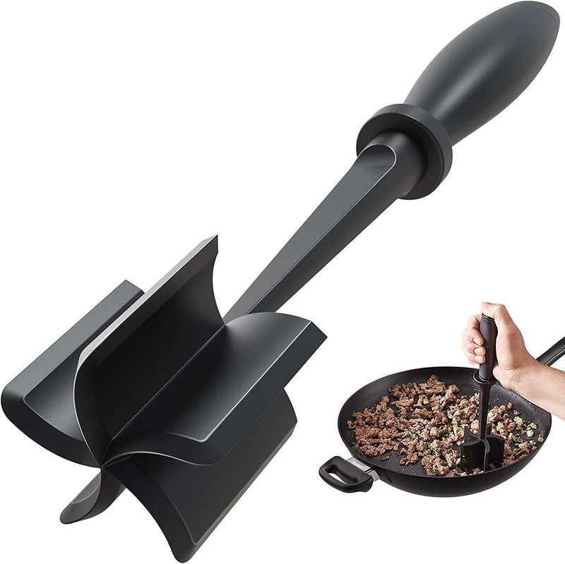 NETXE Nylon NonStick Meat Chopper and Potato Masher Heat Resistant Ground Meat Smasher for Hamburger Meat 5 Curved Blades Ground Beef Smasher Nylon Non Stick Mixer Stirrer and Kitchen Gadgets Black - Image 1
