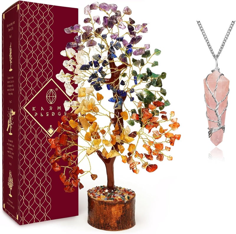 KARMAPLEDGE 7 Chakra Healing Crystal Tree with Rose Quartz Crystal Necklaces Gifts for Women, Positive Energy, Wealth, Success, Meditation, Home & Office Decor, Spiritual Birthday Gifts for Mom and Loved one, - Image 1