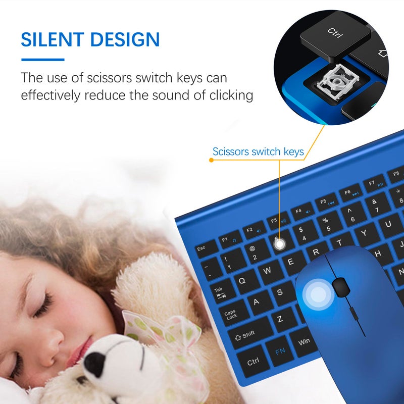 TopMate Wireless Keyboard and Mouse Ultra Slim Combo, 2.4G Silent Compact USB Mouse and Scissor Switch Keyboard Set with Cover, 2 AA and 2 AAA Batteries, for PC/Laptop/Windows/Mac - Blue Black - Image 2