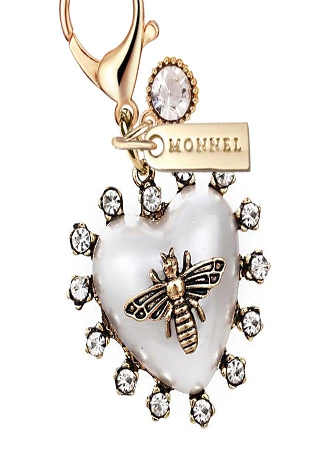MONNEL MC437 3D Crystal Love Heart Honey Bee Lobster Clasp Charm for Women with Velvet Bag (White and Bronze,1 Piece) - Image 2