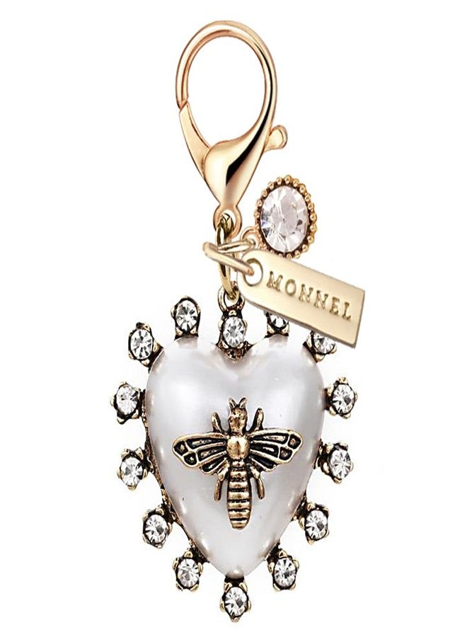 MONNEL MC437 3D Crystal Love Heart Honey Bee Lobster Clasp Charm for Women with Velvet Bag (White and Bronze,1 Piece) - Image 1