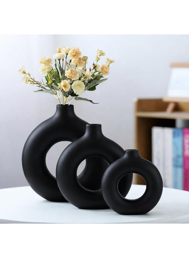 NAMA black concrete Vase Set of 3, Round Hollow Matte Donut Flower Vases, Modern Boho Pampas Grass Decorative Vase for Wedding, Living Room, Office, Entrance, Mantle, Dining Table, Shelf Decoration Vase (without flowers) - Image 1