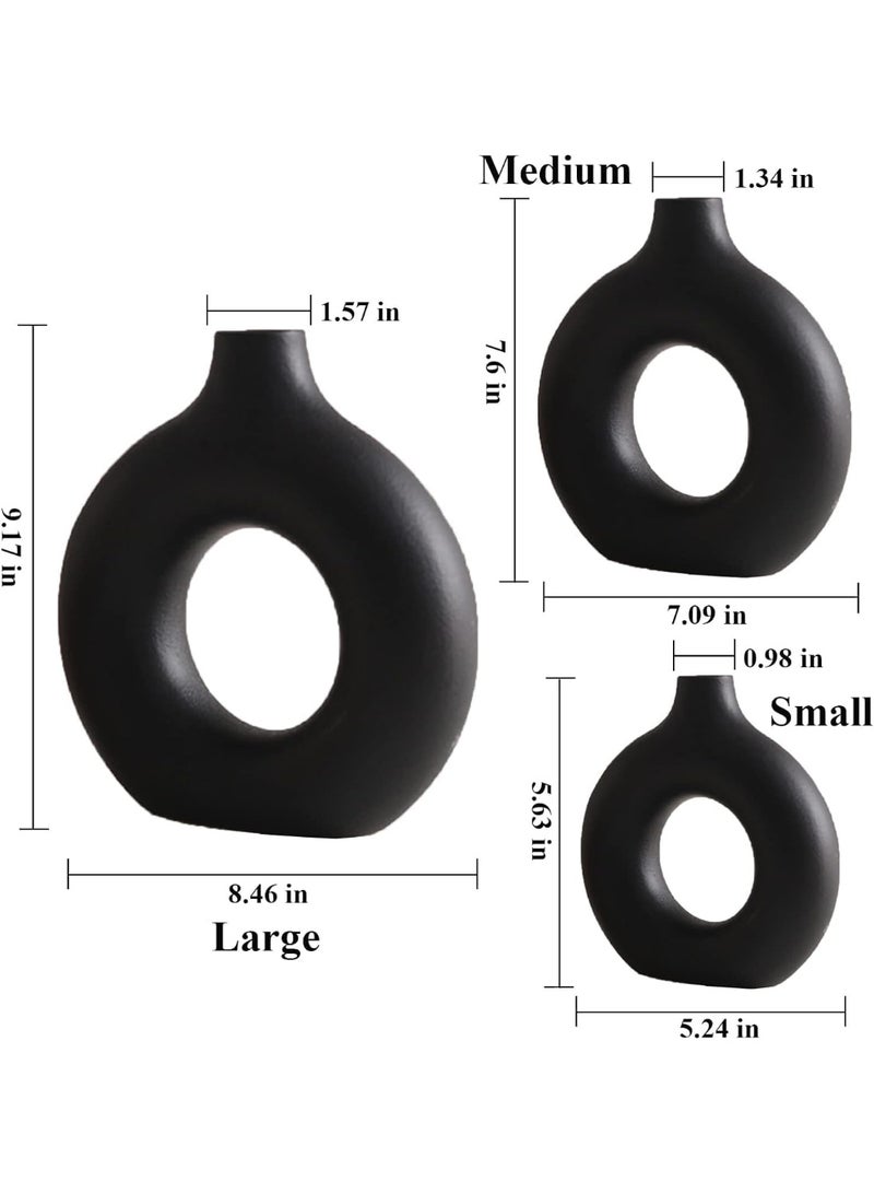 NAMA black concrete Vase Set of 3, Round Hollow Matte Donut Flower Vases, Modern Boho Pampas Grass Decorative Vase for Wedding, Living Room, Office, Entrance, Mantle, Dining Table, Shelf Decoration Vase (without flowers) - Image 2