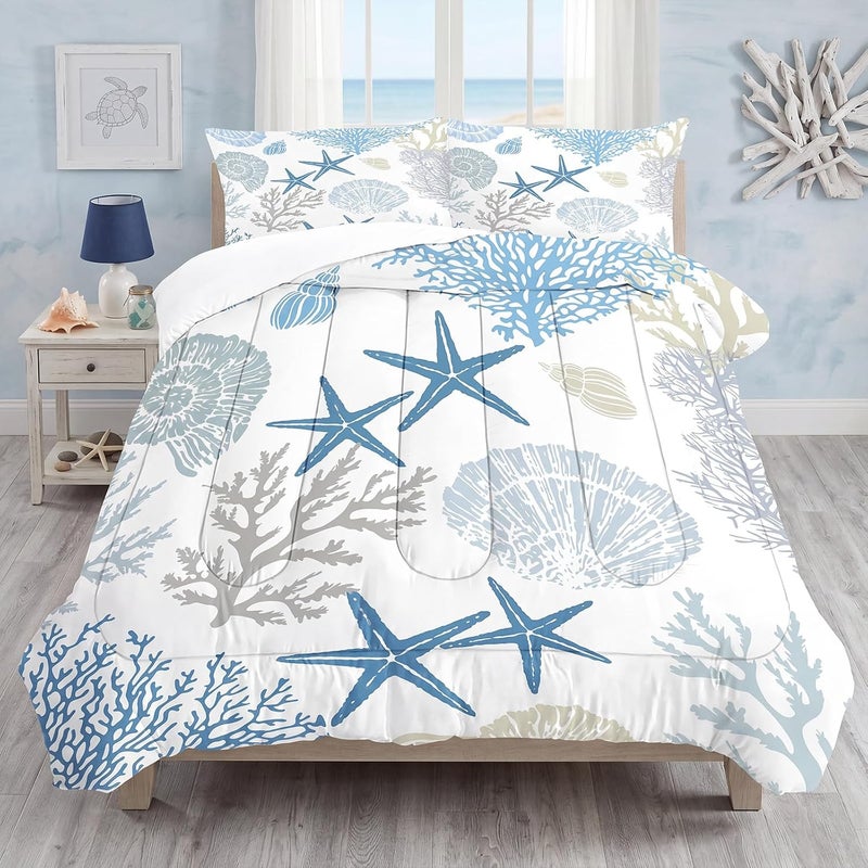 FUYEUN Coastal Comforter Set Full Size Beach Nautical Bedding for Kids Teens Men Women Shell Coral Starfish Ocean Quilt Bedroom Decor 1 Comforter 2 Pillowcases - Image 3