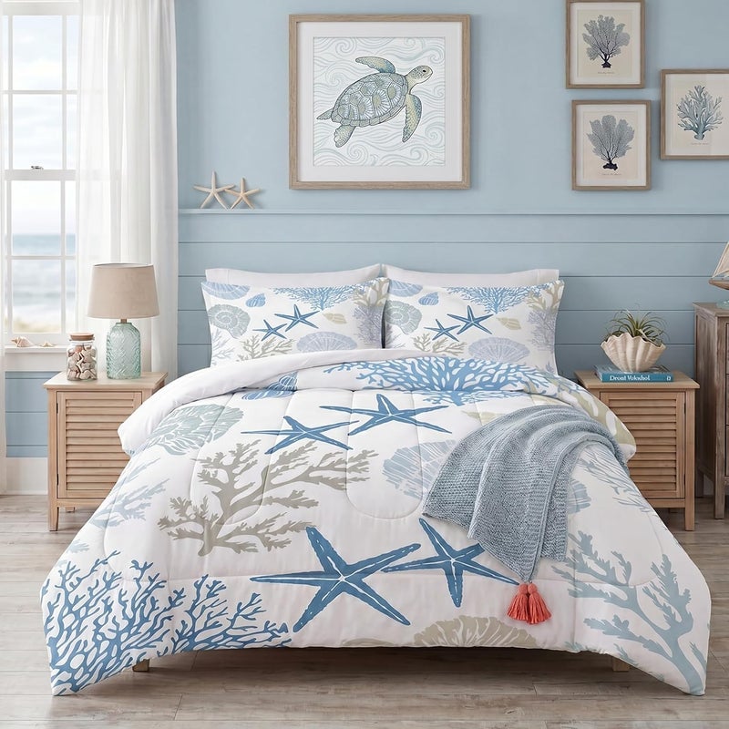 FUYEUN Coastal Comforter Set Full Size Beach Nautical Bedding for Kids Teens Men Women Shell Coral Starfish Ocean Quilt Bedroom Decor 1 Comforter 2 Pillowcases - Image 1