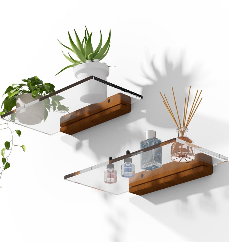 QsQueen Acrylic Floating Shelves with Solid Wood Base, Wall Mounted Shelf for Plants, Perfume, Nail Polish, Bathroom, Bedroom & Living Room DÃ©cor - Image 1