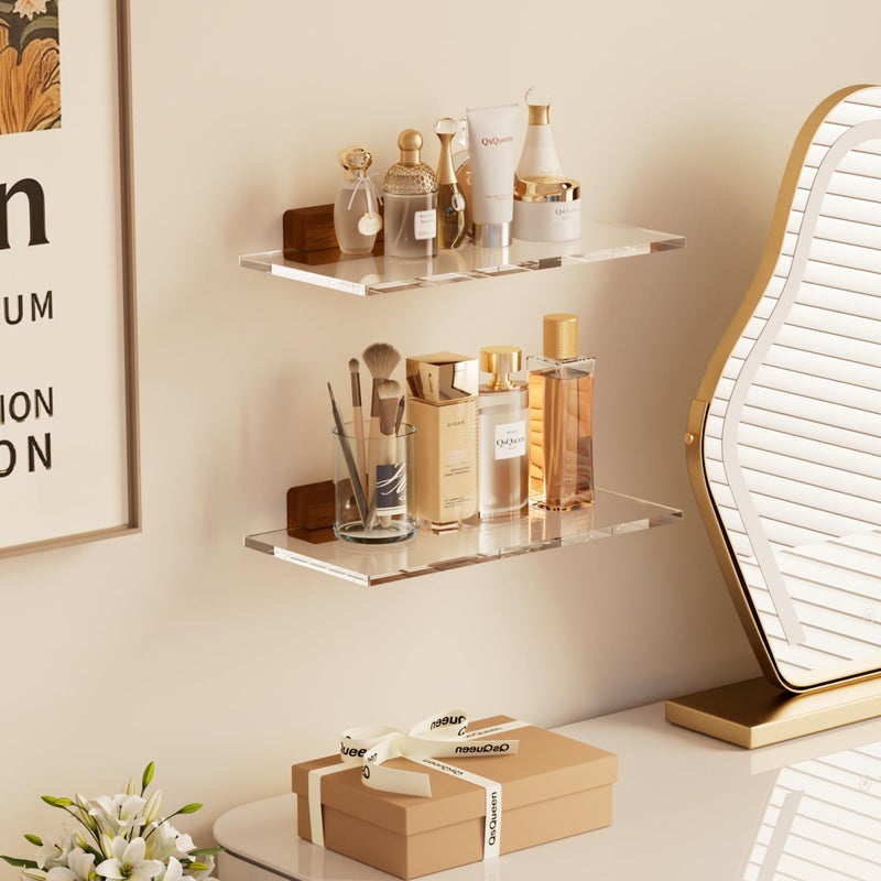 QsQueen Acrylic Floating Shelves with Solid Wood Base, Wall Mounted Shelf for Plants, Perfume, Nail Polish, Bathroom, Bedroom & Living Room DÃ©cor - Image 2
