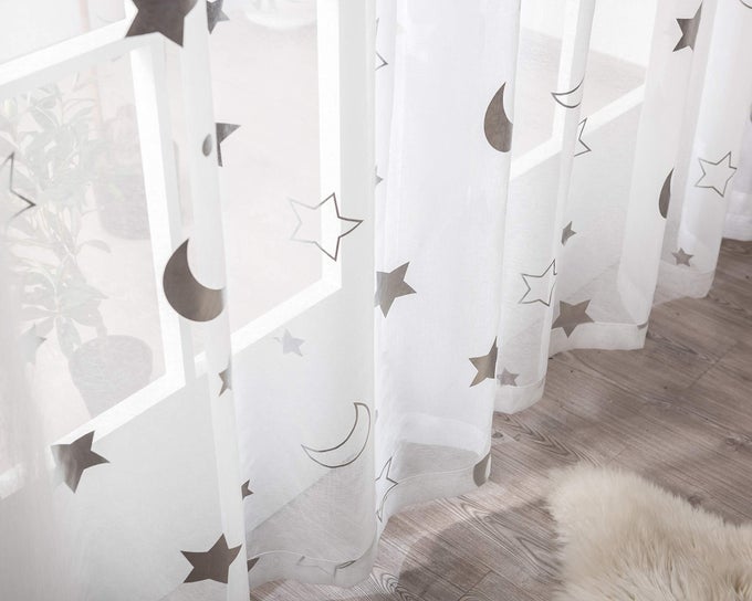 TWINKLE MOON CURTAINS SHEER SILVER FOR BABY NURSEY ROOM GROMMET STAR AND MOON LACE CURTAINS FOR LIVING ROOM 84 INCH LENGTH SET 2 PANELS