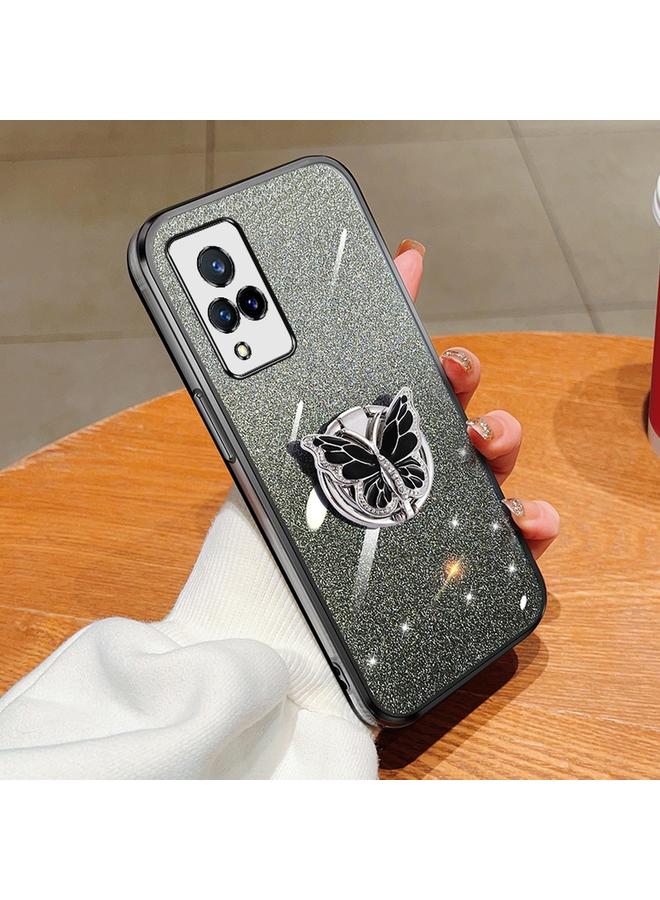 جراب هاتف TPU بحامل على شكل فراشة لامع متدرج اللون لهاتف vivo V21 4G / 5G (أسود)
