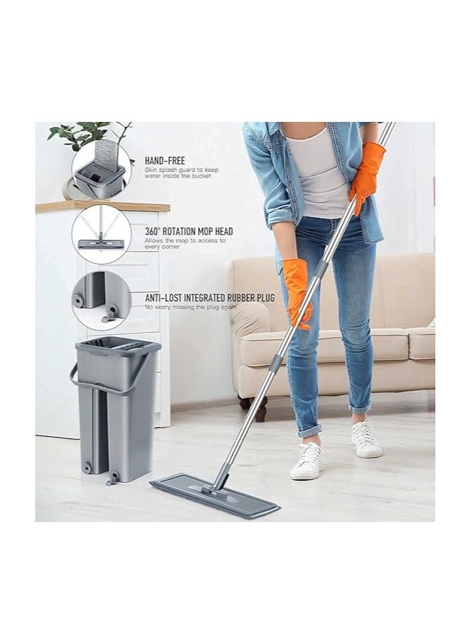 مساحة موب بشكل مسطح مصنوعة من مادة مايكروفايبر قابلة للعصر بدون استخدام اليدين برأس مرن 360 درجة (38×12.5 سم) مع فوطة واحدة فائقة الامتصاص ومقبض ستانلس ستيل قابل للتمديد متعدد الالوان - Image 5