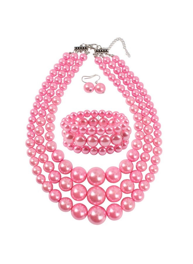 KOSMOS-LI Large Pearl Jewelry Set 3 Layer Simulated Pink Pearl Women'S Statement 18" Necklace Bracelet And Earrings - Image 1