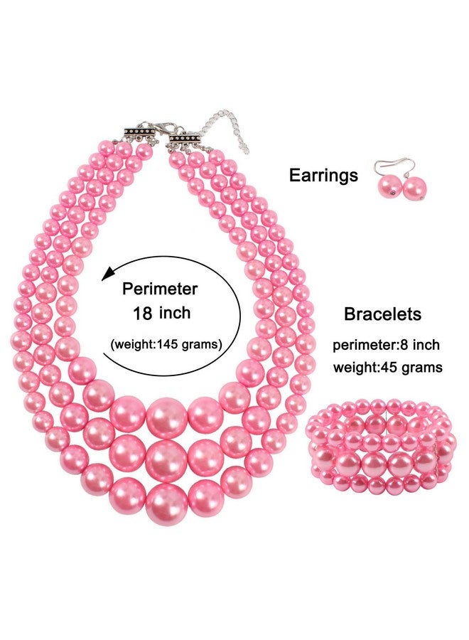 KOSMOS-LI Large Pearl Jewelry Set 3 Layer Simulated Pink Pearl Women'S Statement 18" Necklace Bracelet And Earrings - Image 3
