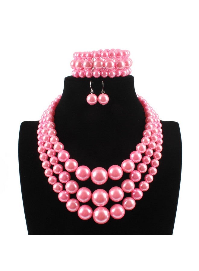 KOSMOS-LI Large Pearl Jewelry Set 3 Layer Simulated Pink Pearl Women'S Statement 18" Necklace Bracelet And Earrings - Image 2