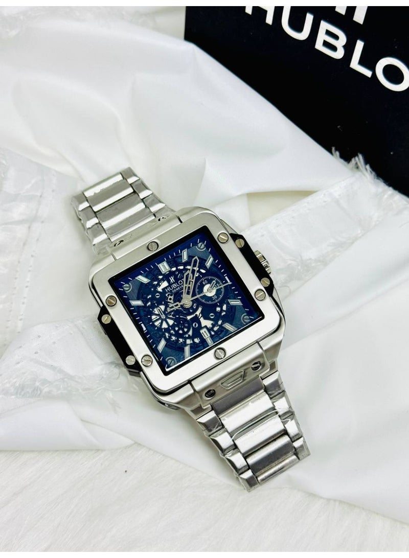 هوبلوت ساعة هوبلو للرجال بتصميم مربع كرونوغراف - سوار من الفولاذ المقاوم للصدأ باللون الفضي ومينا أزرق