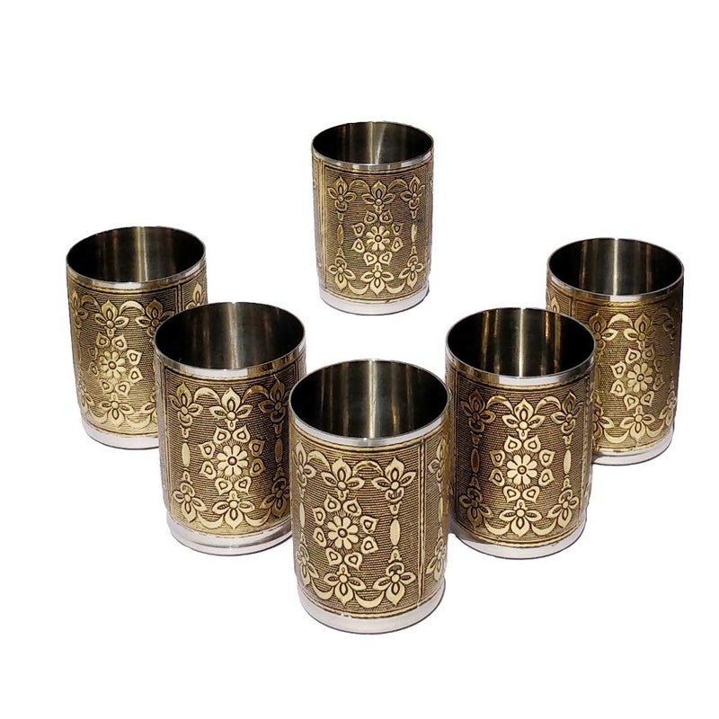 Newvent 12 Pcs Flower Designer Serving Glass Set Golden Oxidise Drinking Glass Set Unbreakable Steel Glass Set of 12pcs - Image 2