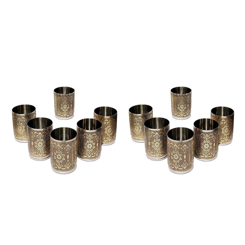 Newvent 12 Pcs Flower Designer Serving Glass Set Golden Oxidise Drinking Glass Set Unbreakable Steel Glass Set of 12pcs - Image 1