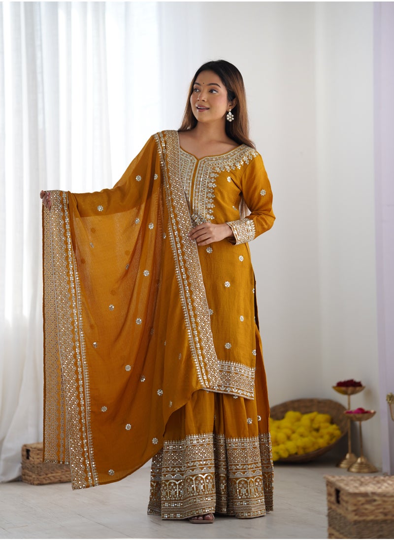 Super Asian New Chinnon Silk with Heavy Embroidery Sequence Work Top-Palazzo and Dupatta Set with Fully Stitched Sharara Ready to Wear Collection  - Image 1