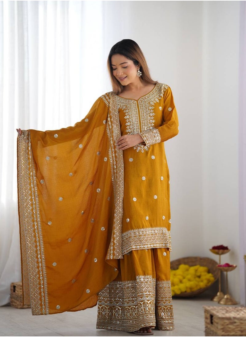 Super Asian New Chinnon Silk with Heavy Embroidery Sequence Work Top-Palazzo and Dupatta Set with Fully Stitched Sharara Ready to Wear Collection  - Image 2