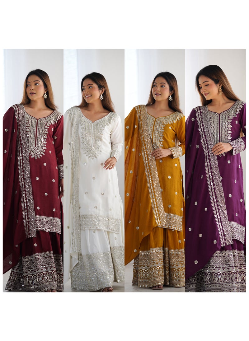 Super Asian New Chinnon Silk with Heavy Embroidery Sequence Work Top-Palazzo and Dupatta Set with Fully Stitched Sharara Ready to Wear Collection  - Image 4