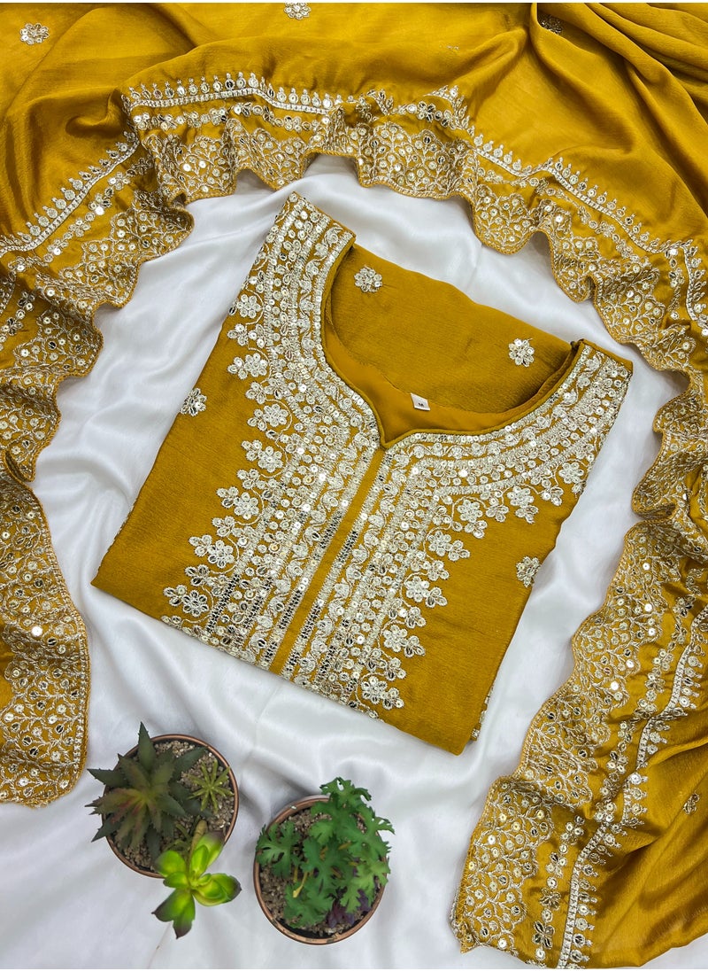 Super Asian New Chinnon Silk with Heavy Embroidery Sequence Work Top-Palazzo and Dupatta Set with Fully Stitched Sharara Ready to Wear Collection  - Image 3