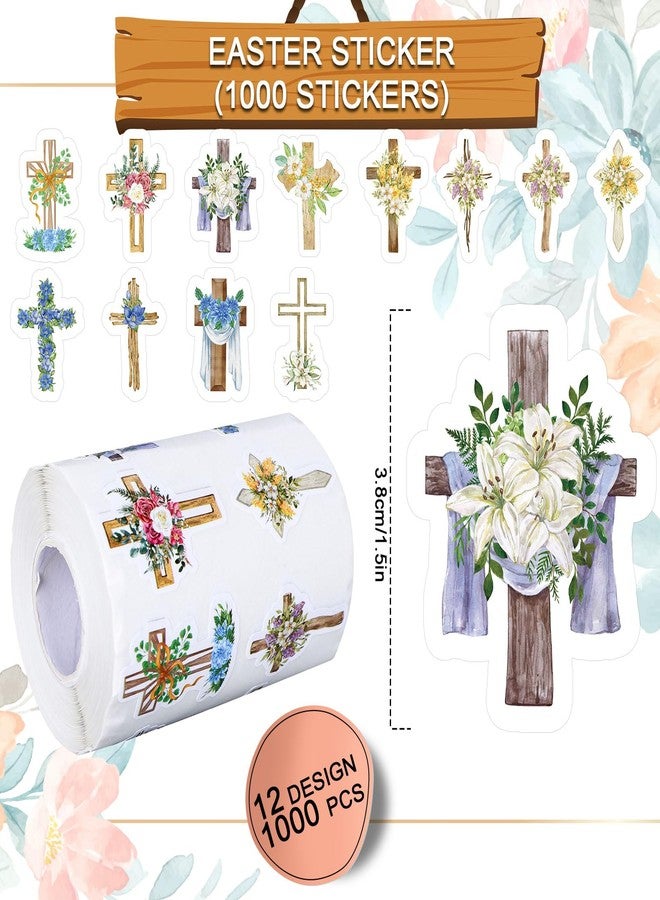 Whaline 1000Pcs Floral Crossing Stickers Roll 12 Designs Assorted Catholic Flower Cross Self-Adhesive Decorative Stickers for Easter Spring Christian Holiday Scrapbook Journal Envelopes Decor - Image 2