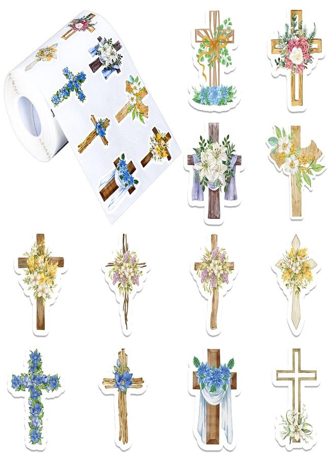 Whaline 1000Pcs Floral Crossing Stickers Roll 12 Designs Assorted Catholic Flower Cross Self-Adhesive Decorative Stickers for Easter Spring Christian Holiday Scrapbook Journal Envelopes Decor - Image 1
