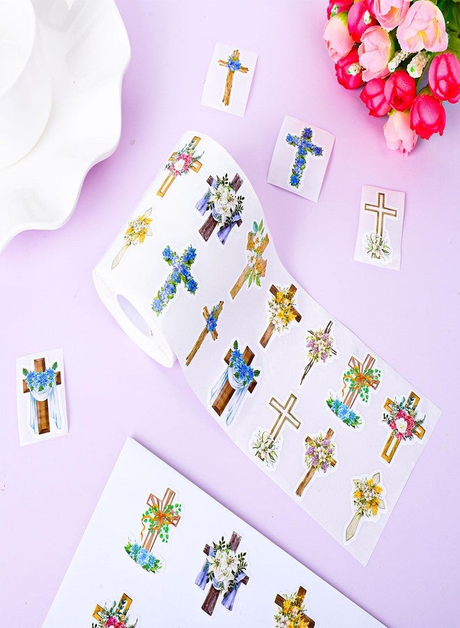Whaline 1000Pcs Floral Crossing Stickers Roll 12 Designs Assorted Catholic Flower Cross Self-Adhesive Decorative Stickers for Easter Spring Christian Holiday Scrapbook Journal Envelopes Decor - Image 3