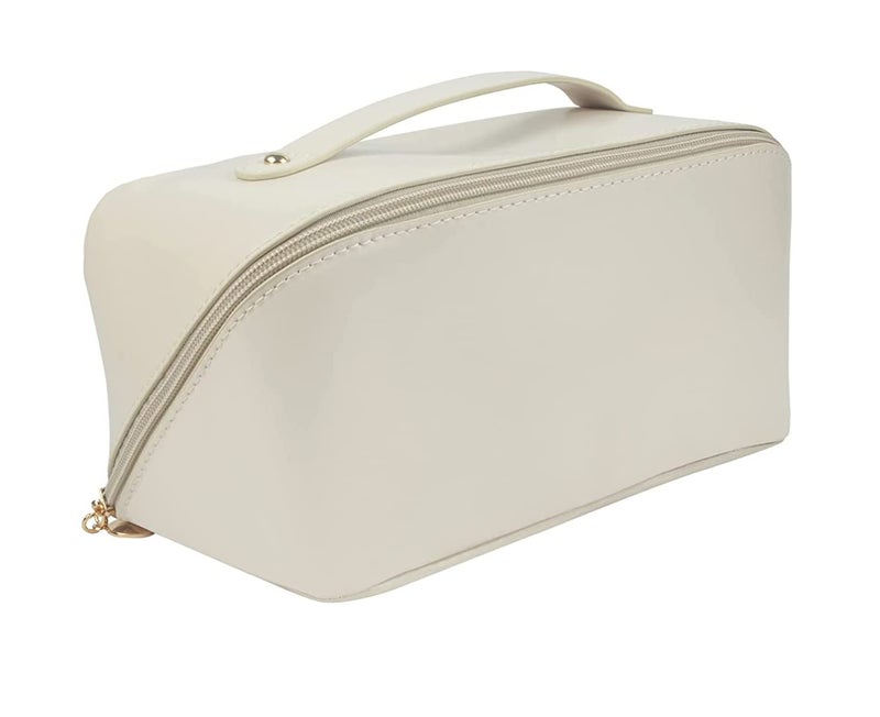 XIVUMN Large Capacity Travel Cosmetic Bag Leather Makeup Bag With Handle And Divider Waterproof Cosmetic Bag Portable Leather Toiletry Bag Roomy Cosmetic Bag For Women GirlsWhite 125 cm - Image 1