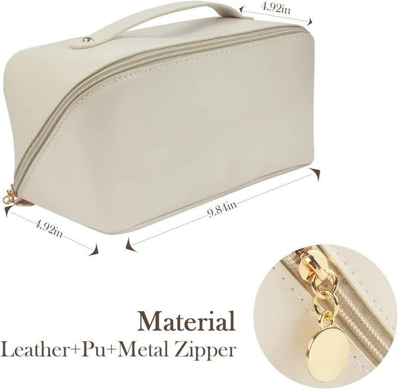 XIVUMN Large Capacity Travel Cosmetic Bag Leather Makeup Bag With Handle And Divider Waterproof Cosmetic Bag Portable Leather Toiletry Bag Roomy Cosmetic Bag For Women GirlsWhite 125 cm - Image 4