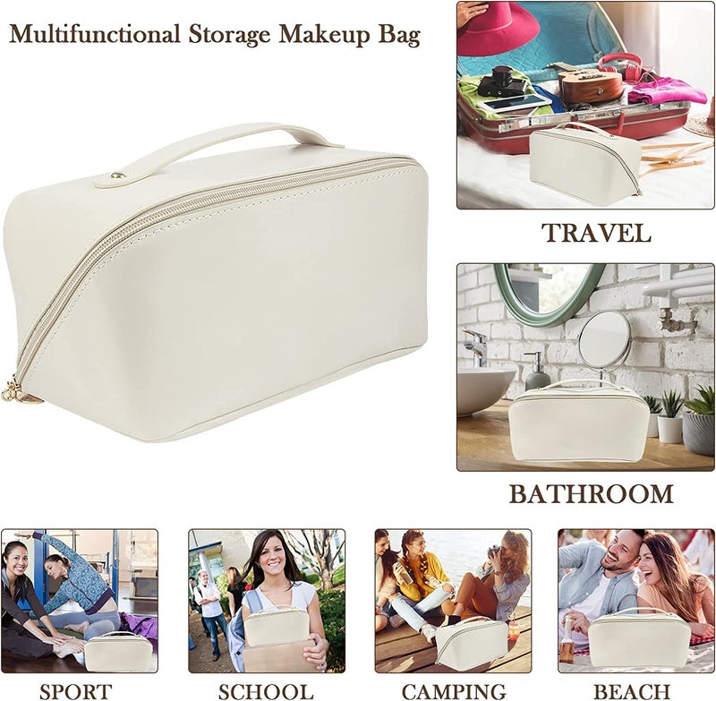 XIVUMN Large Capacity Travel Cosmetic Bag Leather Makeup Bag With Handle And Divider Waterproof Cosmetic Bag Portable Leather Toiletry Bag Roomy Cosmetic Bag For Women GirlsWhite 125 cm - Image 2