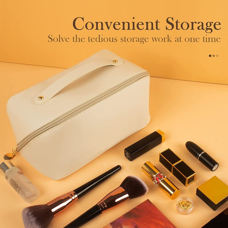 XIVUMN Large Capacity Travel Cosmetic Bag Leather Makeup Bag With Handle And Divider Waterproof Cosmetic Bag Portable Leather Toiletry Bag Roomy Cosmetic Bag For Women GirlsWhite 125 cm - Image 5