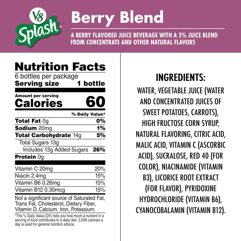 V8 Splash Berry Blend Flavored Juice Beverage, 12 fl oz Bottle (6 Pack) - Image 5
