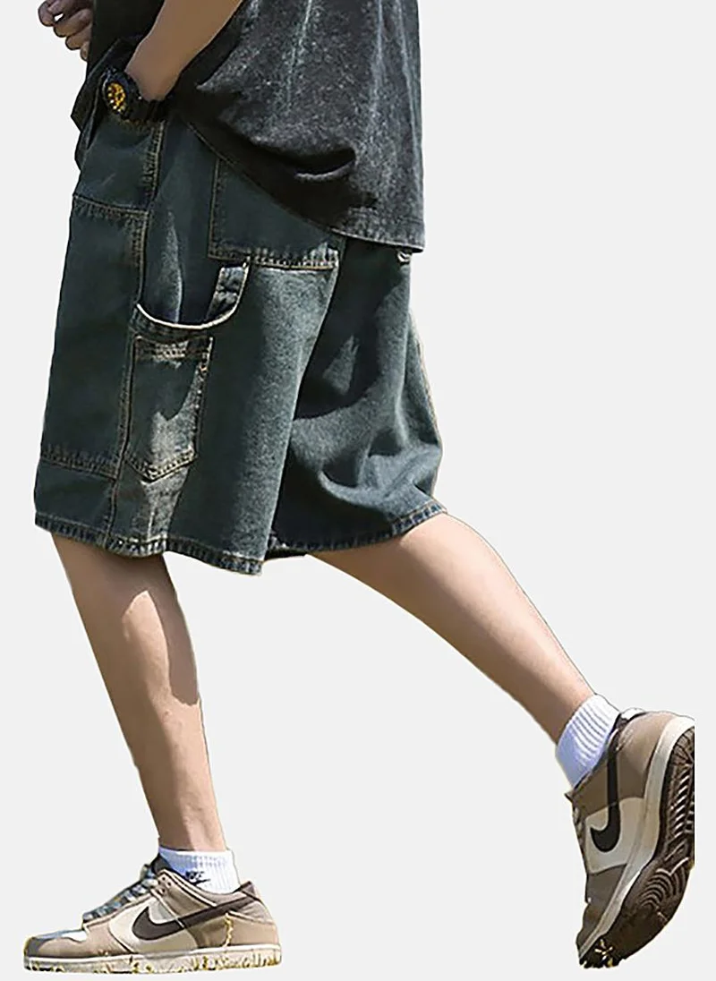 يونيكي Blue Mid Rise Soild Relaxed Fit Shorts