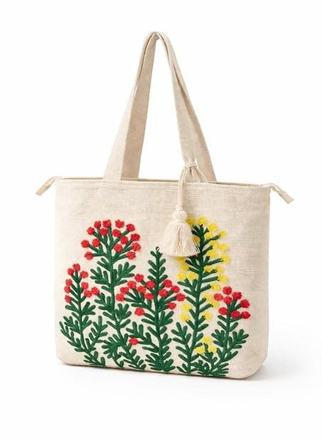 BLENZZA DECO حقيبة كتف وحقيبة يد من قماش الكانفاس القطني الطبيعي من بلينزا ديكو™، مزينة بتطريز عصري، مثالية للنساء، مناسبة للجامعة والتسوق والاستخدام اليومي (16 × 16 بوصة) (التصميم 1) - Image 1