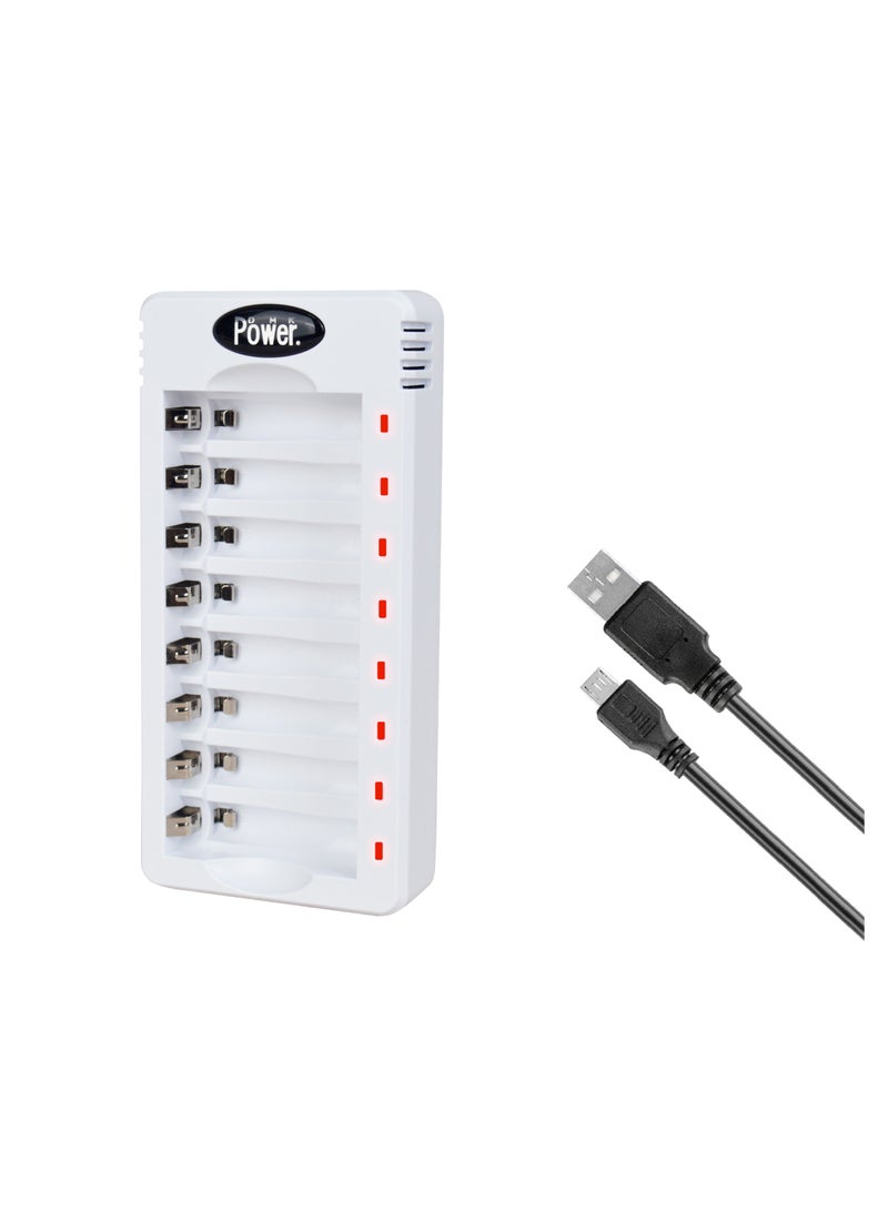 DMK Power AA AAA 8 Slots Battery Charger with micro USB cable, USB High-Speed Charging, Independent Slot, fit for 1.2V Ni-MH/Ni-CD Rechargeable Batteries (TC-Q8) - Image 1