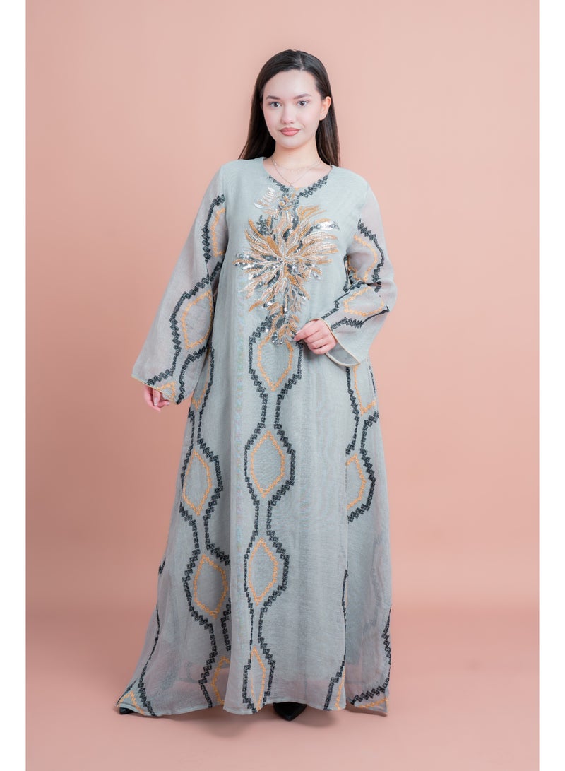 اكسا جلابية مطرزة مشعة رمادي - Image 1