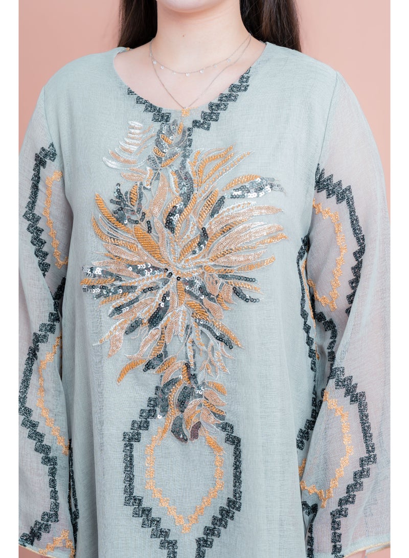 اكسا جلابية مطرزة مشعة رمادي - Image 2