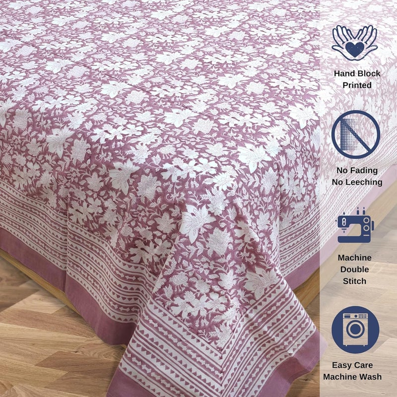 TOAI Hand Block Printed Bedsheet Bed Spread Flatsheet Bed Sheet Pure Cotton Double Bed Queen Size 90x108 300 TC Long Staple Cotton 2 Reversible Pillow Covers Vintage Pink White - Image 5