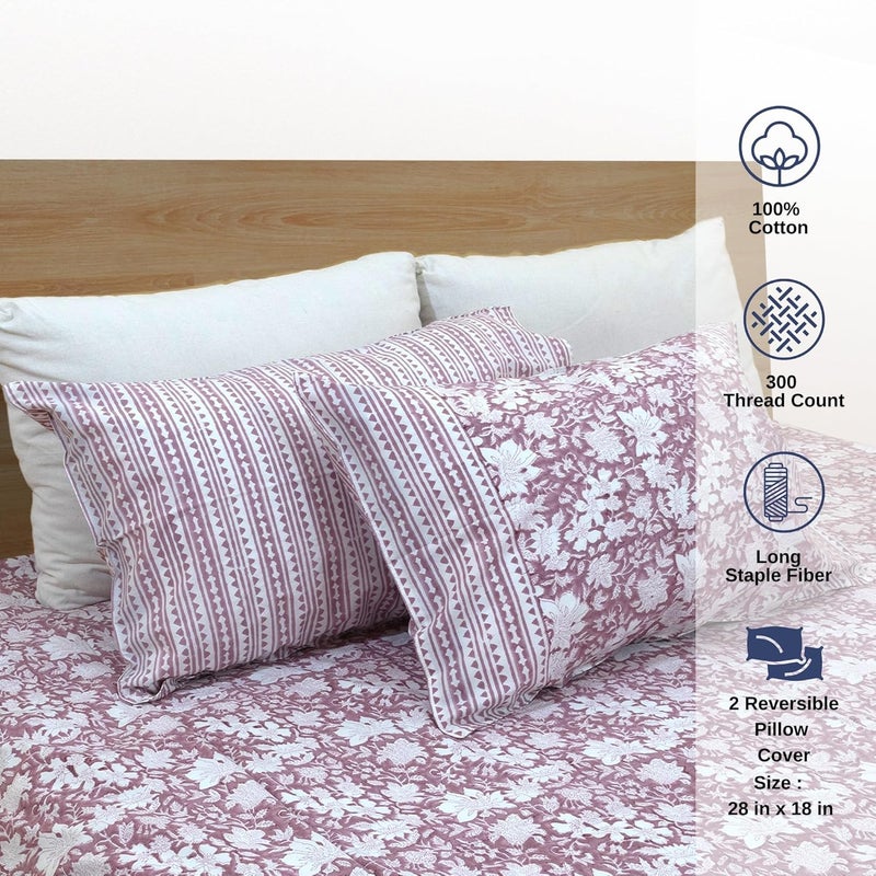 TOAI Hand Block Printed Bedsheet Bed Spread Flatsheet Bed Sheet Pure Cotton Double Bed Queen Size 90x108 300 TC Long Staple Cotton 2 Reversible Pillow Covers Vintage Pink White - Image 3