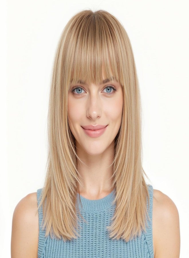 KKU 16 Inch Human Hair Wig with Bangs, Real Hair Wigs for Women,Wear Natural Realism (Ombre Mixed Blonde) - Image 1